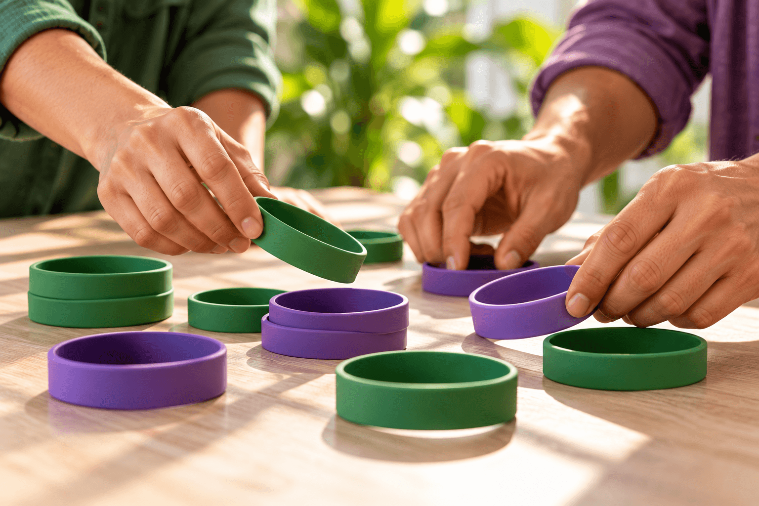 Varias manos organizan bandas verdes y moradas sobre una mesa de madera
