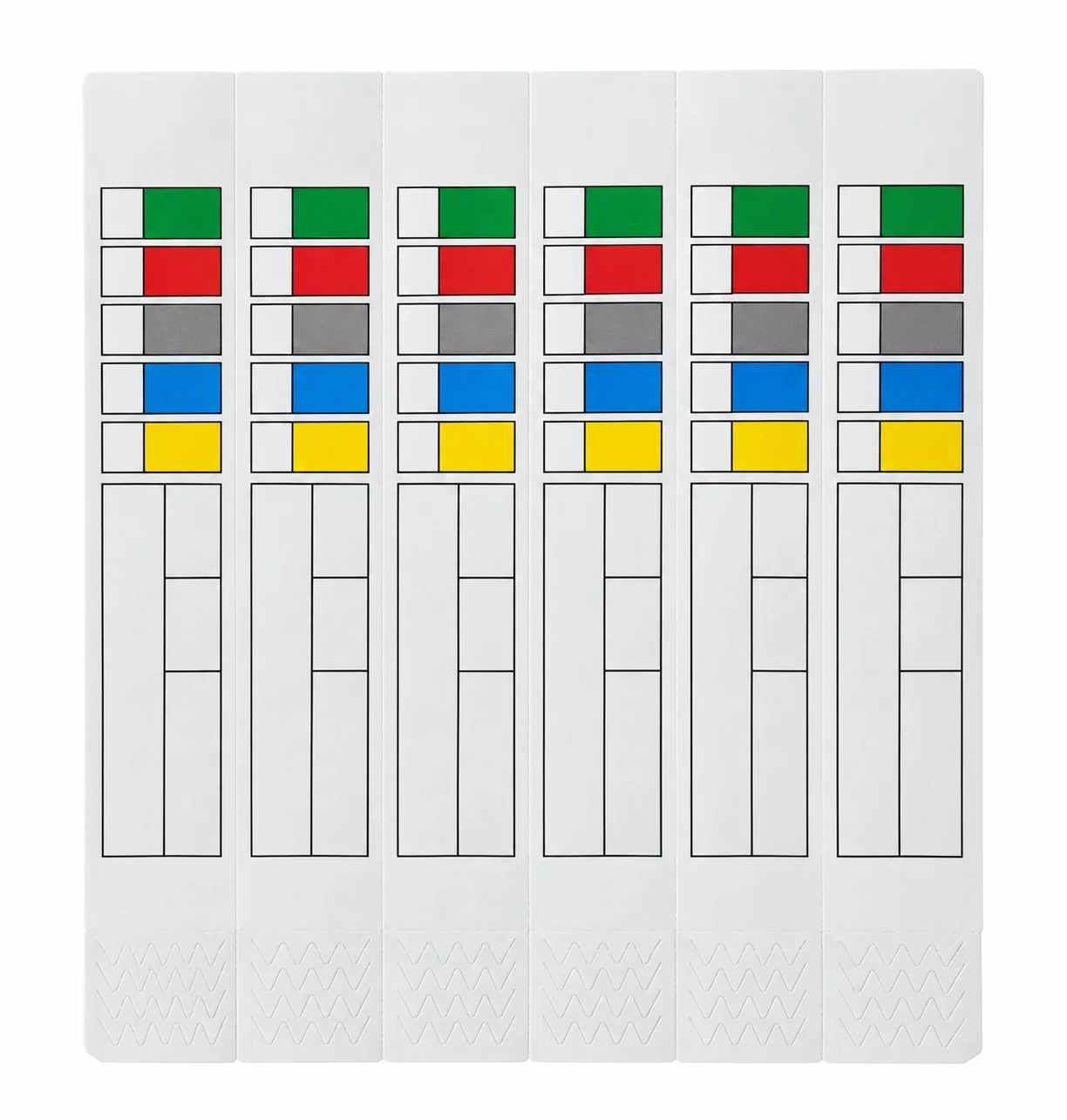 Ilustración de seis manillas hospitalarias blancas con recuadros de colores y campos en blanco para datos, y un patrón en zigzag en un extremo